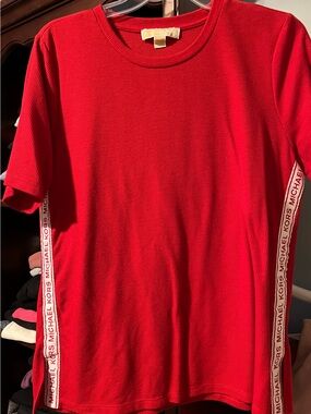 Michael Kors Red Crew Neck Tee with Logo Side Tape
